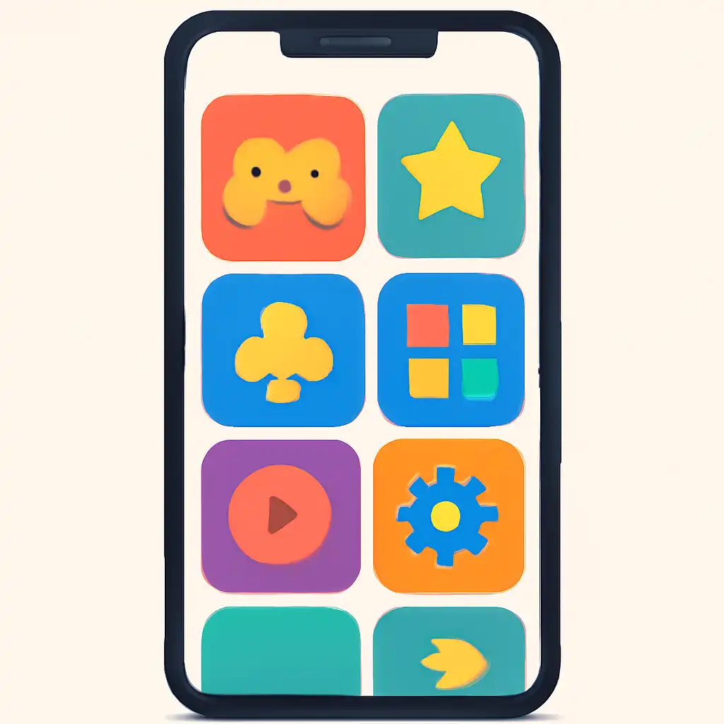 Smartphone shown from the front displaying a colourful flat layout of abstract game icons and rounded tiles (no text, no letters, no labels), Jai Win