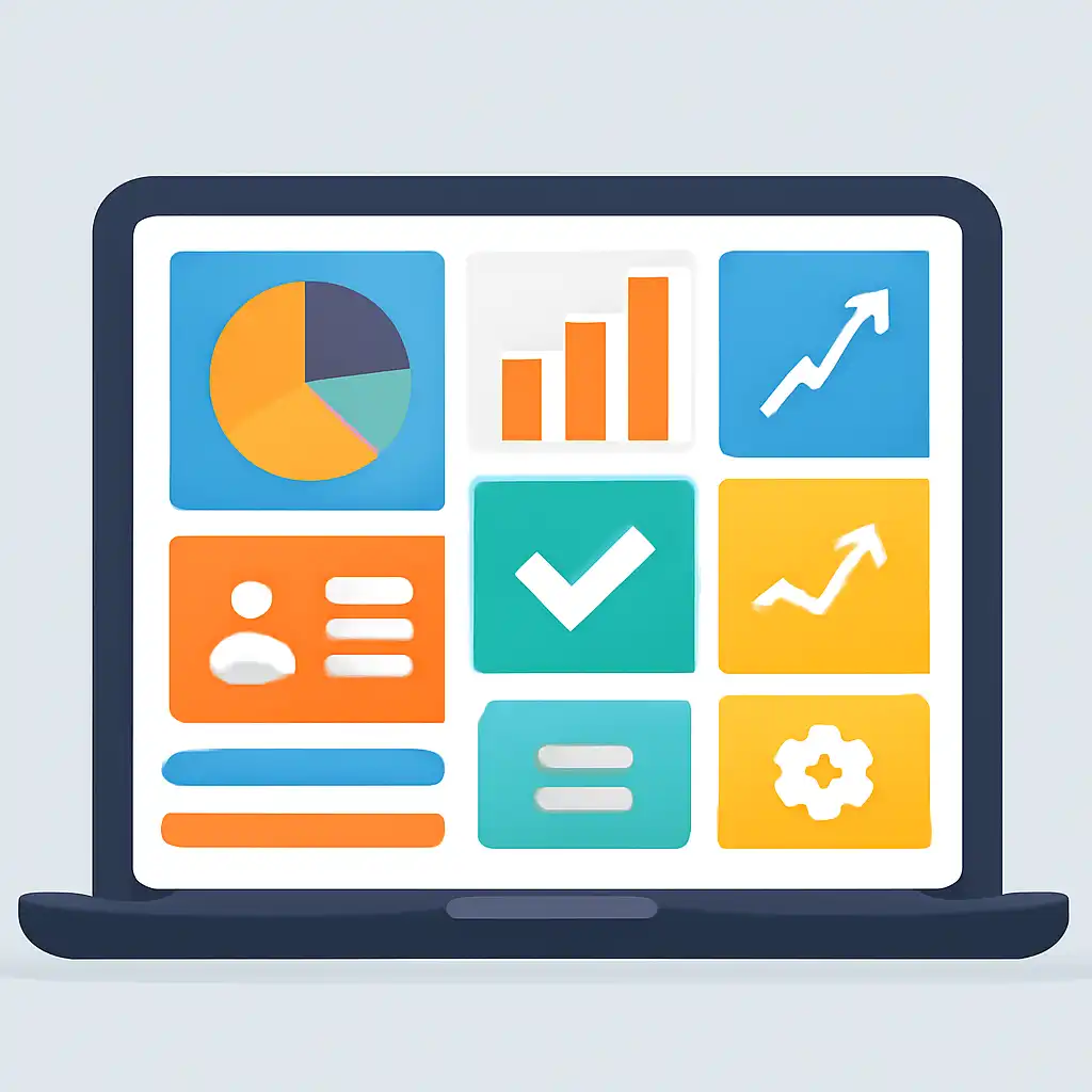 Laptop shown from the front displaying a colourful flat dashboard of abstract charts, bars and icon tiles (no text, no letters, no labels), Jai Win
