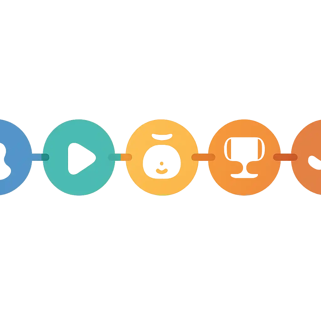 Five numbered circular icons connected by arrows in a horizontal flow, flat illustration, icons only, no words, Jai Win steps